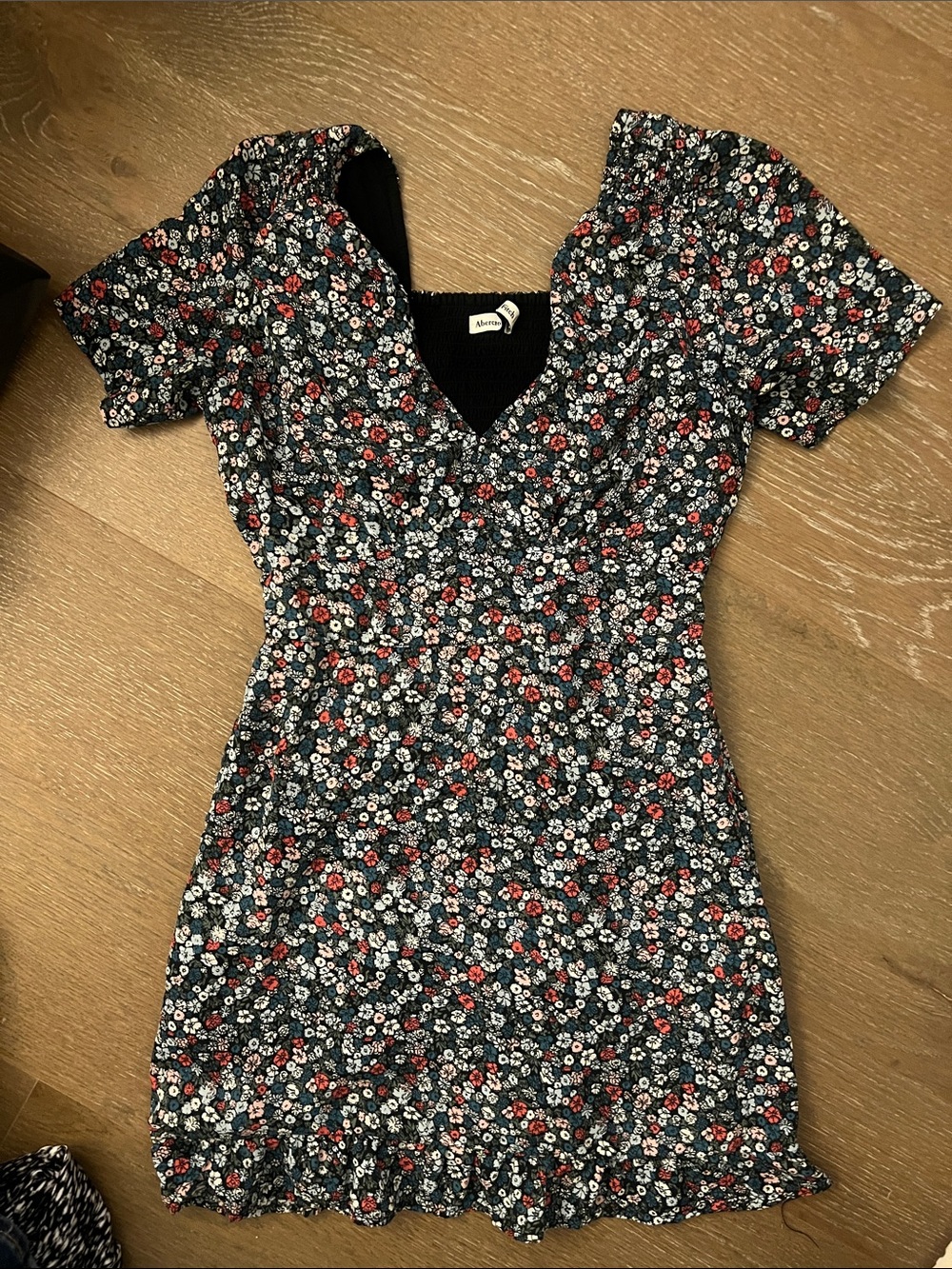 Abercrombie & Fitch Black Floral Mini Dress with Red & White Flowers